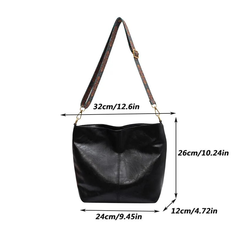 Vintage Solid Color PU Leather Women Fashion Shoulder Sling Bag Simple Wide Strap Bucket Crossbody Bag Monte Capri